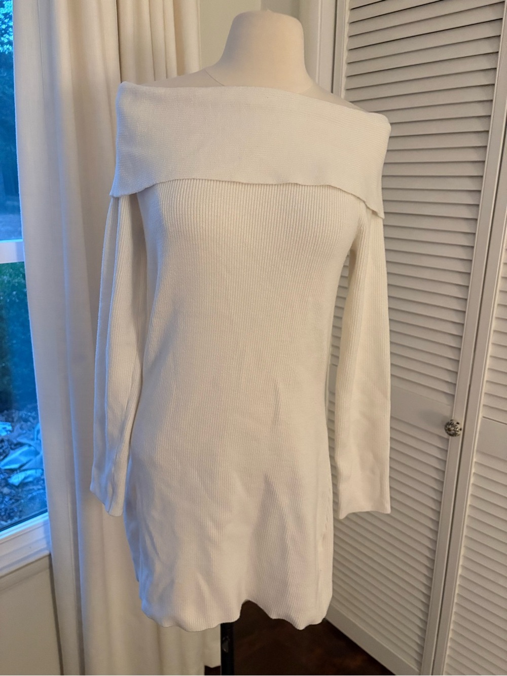 12th Tribe Off-Shoulder White Ribbed Mini Dress